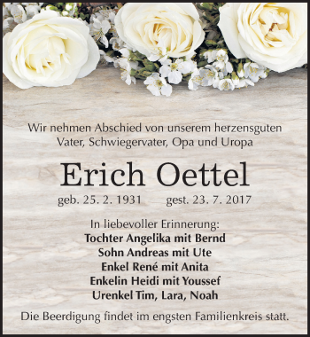 Traueranzeige von Erich Oettel von Mitteldeutsche Zeitung Halle/Saalkreis
