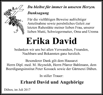 Traueranzeige von Erika David von Mitteldeutsche Zeitung Wittenberg