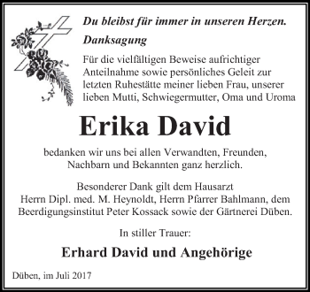 Traueranzeige von Erika David von WVG - Wochenspiegel Dessau / Köthen