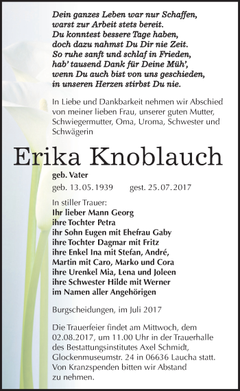 Traueranzeige von Erika Knoblauch von Mitteldeutsche Zeitung Naumburg/Nebra
