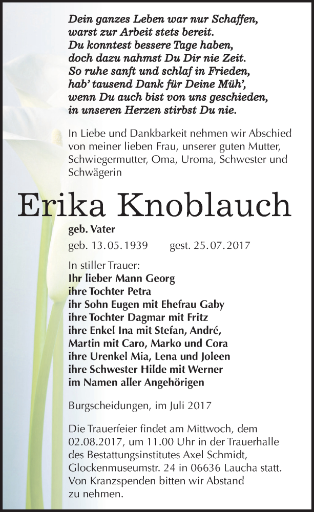  Traueranzeige für Erika Knoblauch vom 29.07.2017 aus Mitteldeutsche Zeitung Naumburg/Nebra