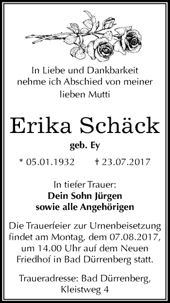 Traueranzeige von Erika Schäck von Mitteldeutsche Zeitung Merseburg/Querfurt
