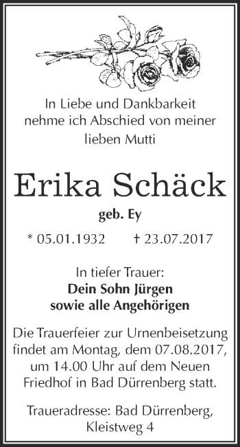Traueranzeige von Erika Schäck von Super Sonntag Merseburg