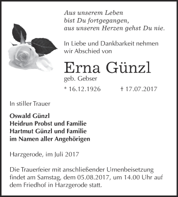 Traueranzeige von Erna Günzl von Super Sonntag SGH Mansf. Land