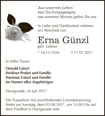 Traueranzeige von Erna Günzl von Super Sonntag SGH Mansf. Land