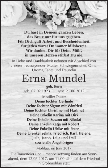 Traueranzeige von Erna Mundel von WVG - Wochenspiegel Wittenberg