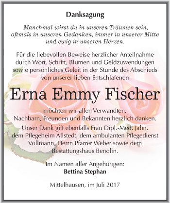 Traueranzeige von Erna Emmy Fischer von Mitteldeutsche Zeitung Sangerhausen
