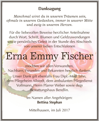 Traueranzeige von Erna Emmy Fischer von Super Sonntag SGH Mansf. Land
