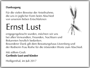 Traueranzeige von Ernst Lust von Mitteldeutsche Zeitung Mansfelder Land