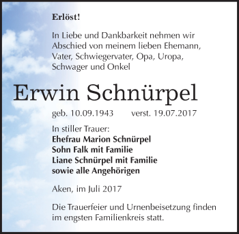 Traueranzeige von Erwin Schnürpel von Mitteldeutsche Zeitung Köthen
