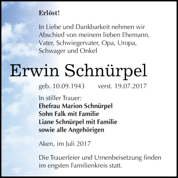 Traueranzeige von Erwin Schnürpel von WVG - Wochenspiegel Dessau / Köthen