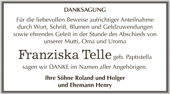 Traueranzeige von Franziska Telle von WVG - Wochenspiegel Dessau / Köthen