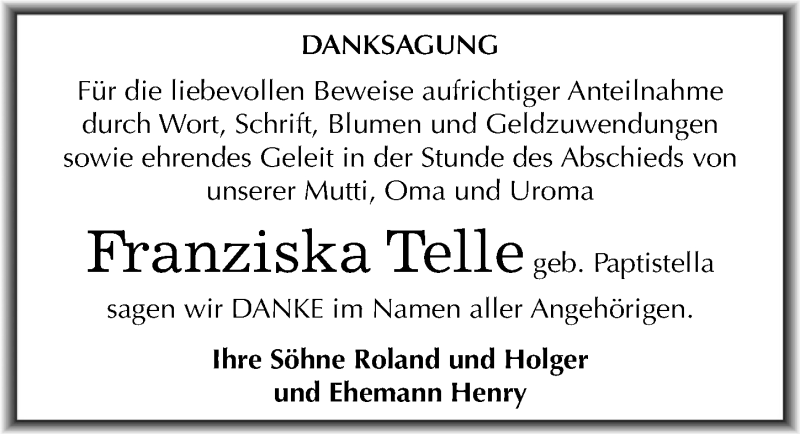  Traueranzeige für Franziska Telle vom 29.07.2017 aus Mitteldeutsche Zeitung Dessau-Roßlau