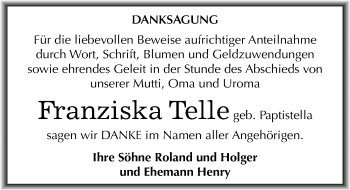 Traueranzeige von Franziska Telle von Mitteldeutsche Zeitung Dessau-Roßlau