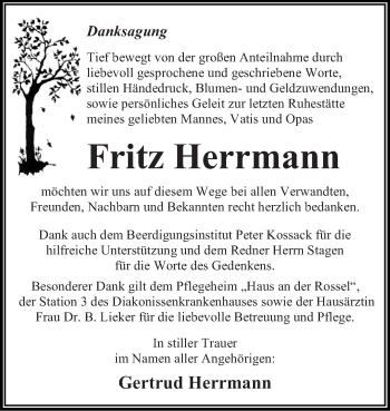 Traueranzeige von Fritz Herrmann von WVG - Wochenspiegel Dessau / Köthen