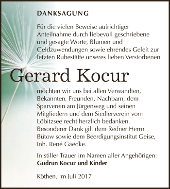 Traueranzeige von Gerard Kocur von WVG - Wochenspiegel Dessau / Köthen