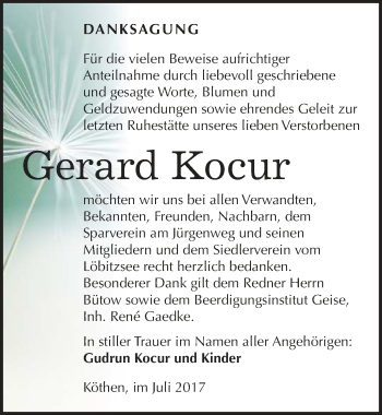Traueranzeige von Gerard Kocur von Mitteldeutsche Zeitung Köthen