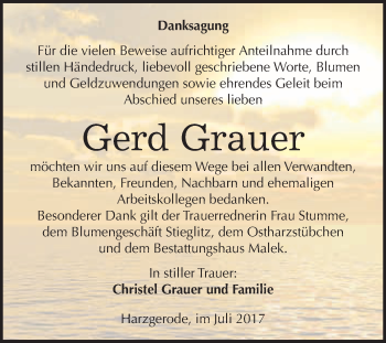 Traueranzeige von Gerd Grauer von WVG - Wochenspiegel Quedlinburg