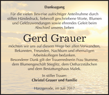 Traueranzeige von Gerd Grauer von Mitteldeutsche Zeitung Quedlinburg