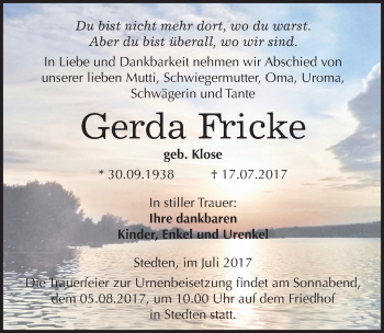 Traueranzeige von Gerda Fricke von Mitteldeutsche Zeitung Mansfelder Land