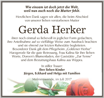Traueranzeige von Gerda Herker von Super Sonntag SGH Mansf. Land