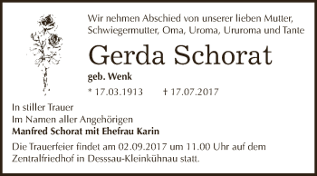 Traueranzeige von Gerda Schorat von WVG - Wochenspiegel Dessau / Köthen