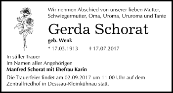 Traueranzeige von Gerda Schorat von Mitteldeutsche Zeitung Dessau-Roßlau