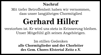 Traueranzeige von Gerhard Hiller von Mitteldeutsche Zeitung Zeitz