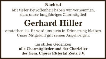 Traueranzeige von Gerhard Hiller von Super Sonntag Zeitz