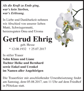 Traueranzeige von Gertrud Ehrig von Mitteldeutsche Zeitung Bernburg