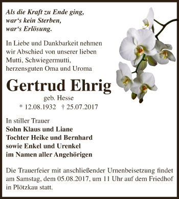 Traueranzeige von Gertrud Ehrig von Super Sonntag Bernburg