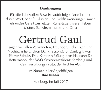 Traueranzeige von Gertrud Gaul von WVG - Wochenspiegel Wittenberg