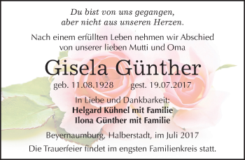 Traueranzeige von Gisela Günther von Mitteldeutsche Zeitung Sangerhausen