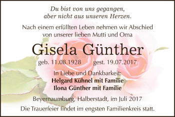 Traueranzeige von Gisela Günther von Super Sonntag SGH Mansf. Land