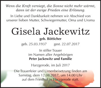 Traueranzeige von Gisela Jackewitz von Mitteldeutsche Zeitung Quedlinburg