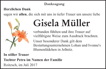 Traueranzeige von Gisela Müller von Mitteldeutsche Zeitung Bitterfeld