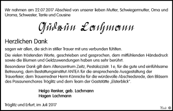 Traueranzeige von Gudrun Lachmann von Mitteldeutsche Zeitung Zeitz