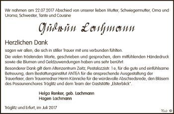 Traueranzeige von Gudrun Lachmann von Super Sonntag Zeitz