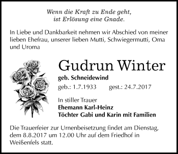 Traueranzeige von Gudrun Winter von Mitteldeutsche Zeitung