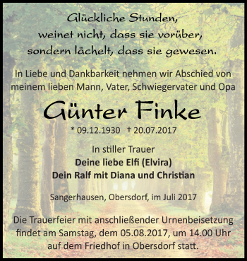 Traueranzeige von Günter Finke von Super Sonntag SGH Mansf. Land