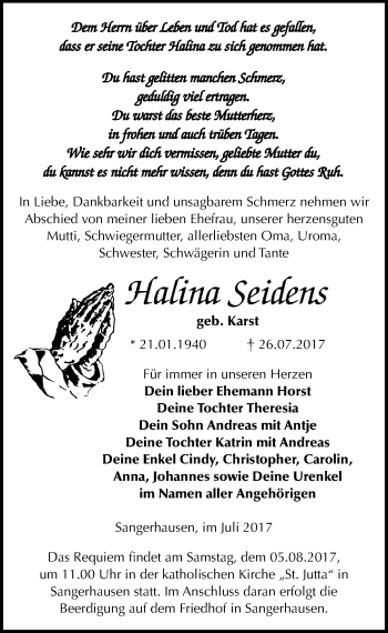 Traueranzeige von Halina Seidens von Mitteldeutsche Zeitung Sangerhausen