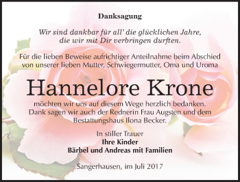 Traueranzeige von Hannelore Krone von Mitteldeutsche Zeitung Sangerhausen