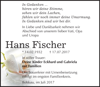 Traueranzeige von Hans Fischer von Mitteldeutsche Zeitung Bitterfeld