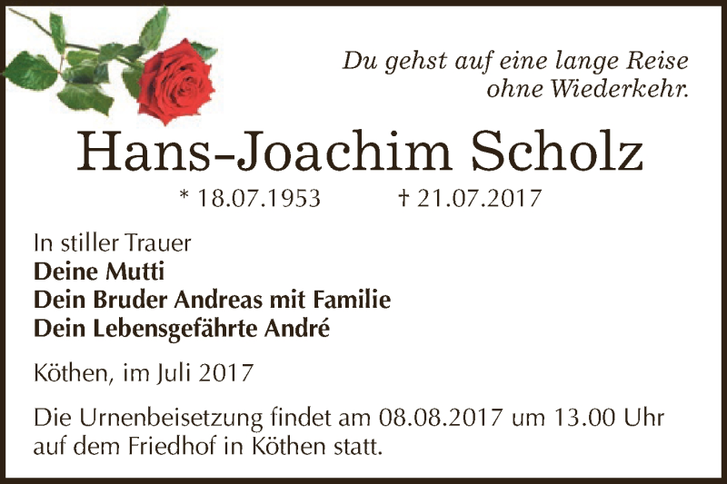  Traueranzeige für Hans-Joachim Scholz vom 29.07.2017 aus WVG - Wochenspiegel Dessau / Köthen