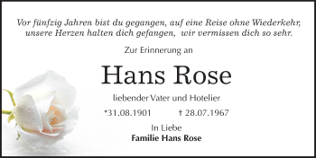 Traueranzeige von Hans Rose von Mitteldeutsche Zeitung Quedlinburg