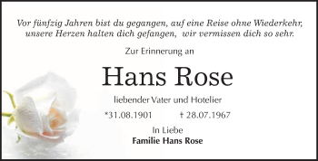 Traueranzeige von Hans Rose von WVG - Wochenspiegel Quedlinburg