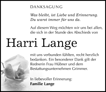 Traueranzeige von Harri Lange von Mitteldeutsche Zeitung Mansfelder Land
