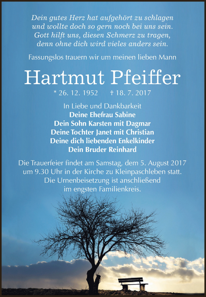  Traueranzeige für Hartmut Pfeiffer vom 29.07.2017 aus WVG - Wochenspiegel Dessau / Köthen