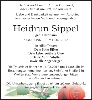 Traueranzeige von Heidrun Sippel von Mitteldeutsche Zeitung Bitterfeld