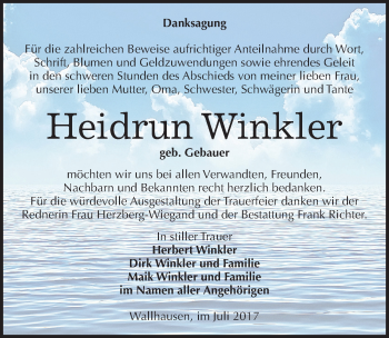 Traueranzeige von Heidrun Winkler von Mitteldeutsche Zeitung Sangerhausen